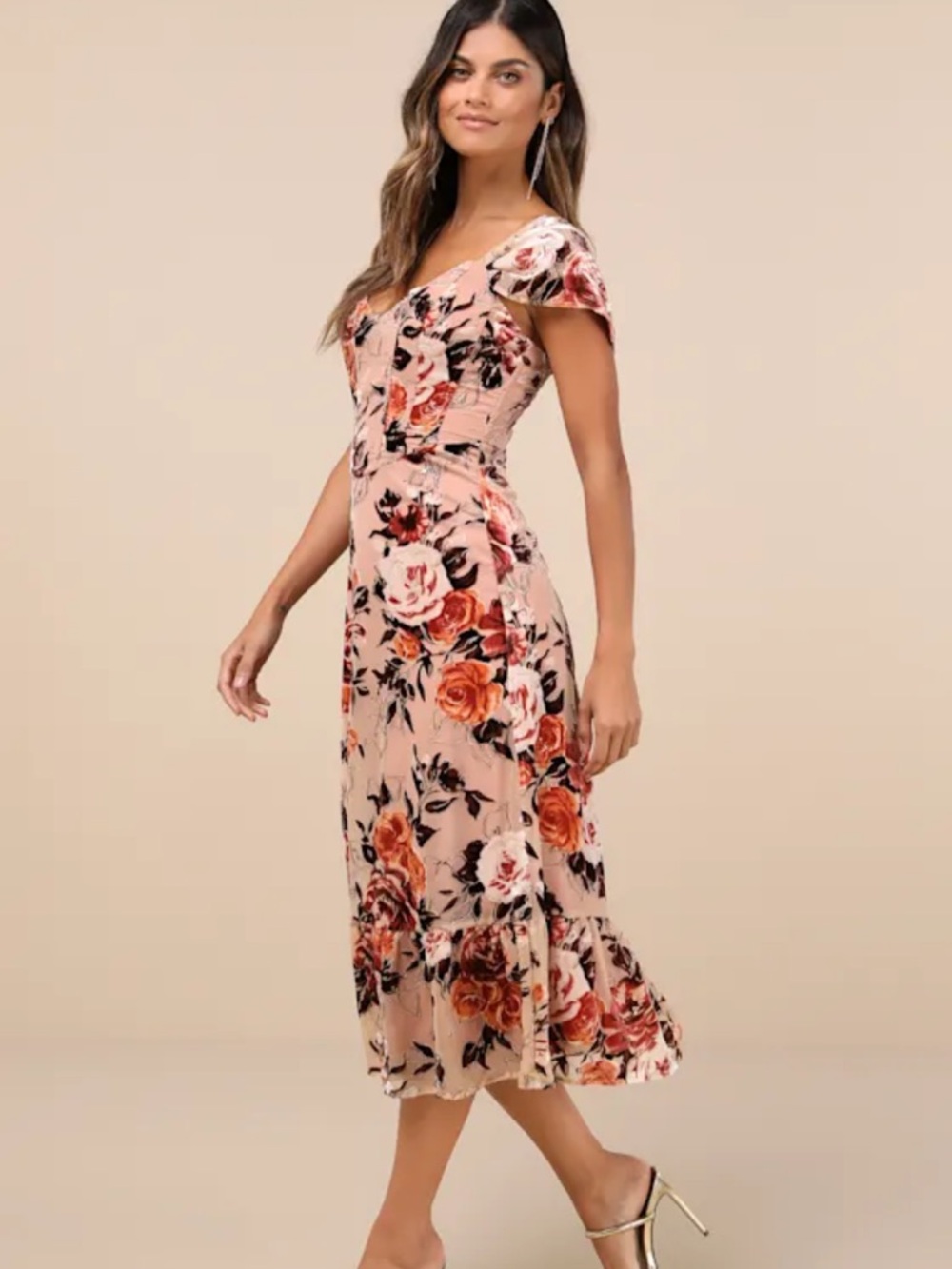 New Lulus Composed Beauty Burnout Velvet Floral Midi Dress in Blush Pink Sz XL - Picture 3 of 6